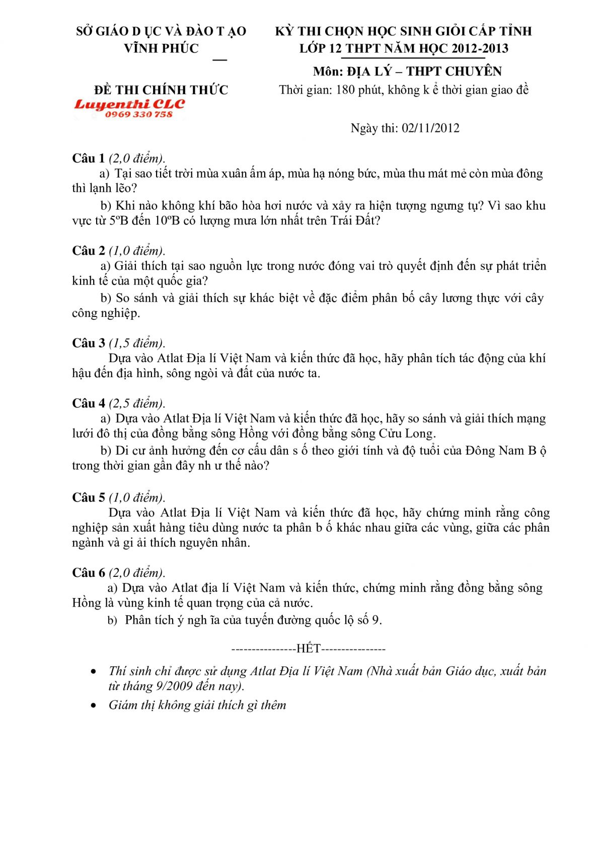 Đề thi chọn HSG cấp tỉnh lớp 12 THPT m&ocirc;n Địa L&yacute; tỉnh Vĩnh Ph&uacute;c năm 2012