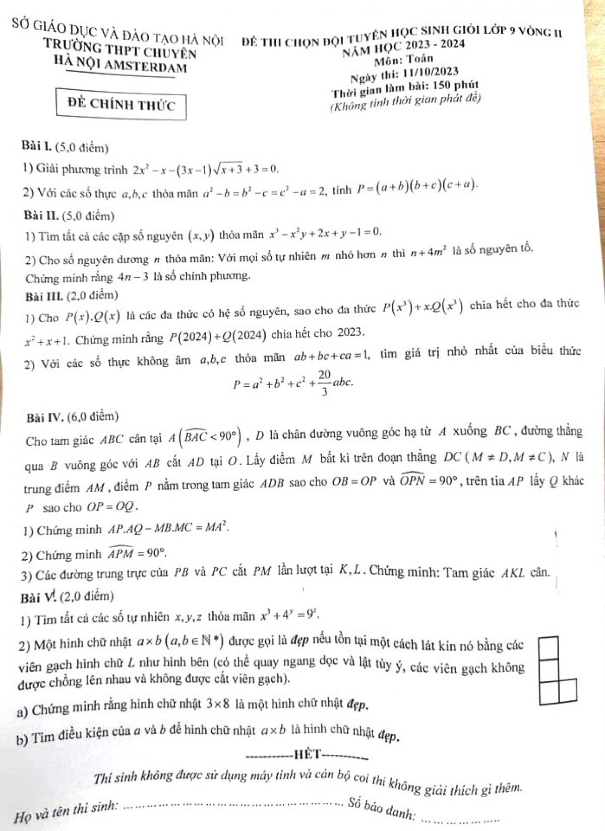 Đề thi chọn HSG môn Toán lớp  9 - Vòng 2 Trường THPT Chuyên Hà Nội Amsterdam năm 2023