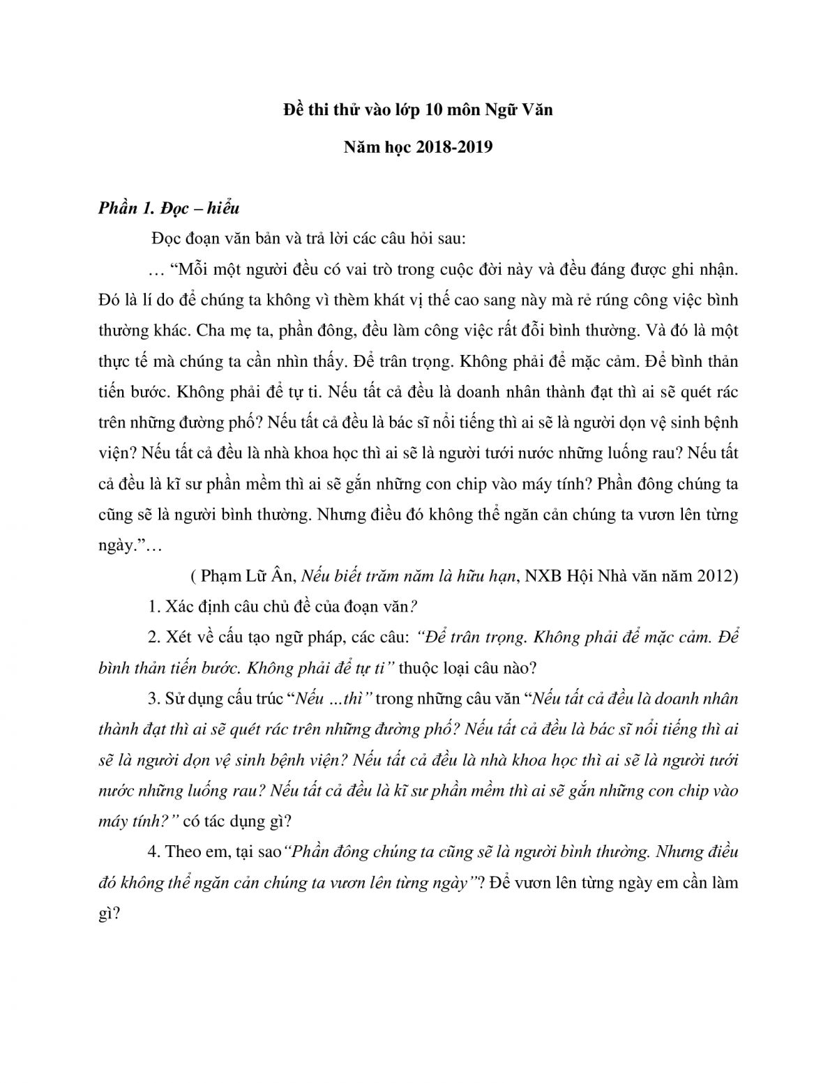 Đề thi thử v&agrave;o lớp 10 m&ocirc;n Ngữ Văn năm 2018