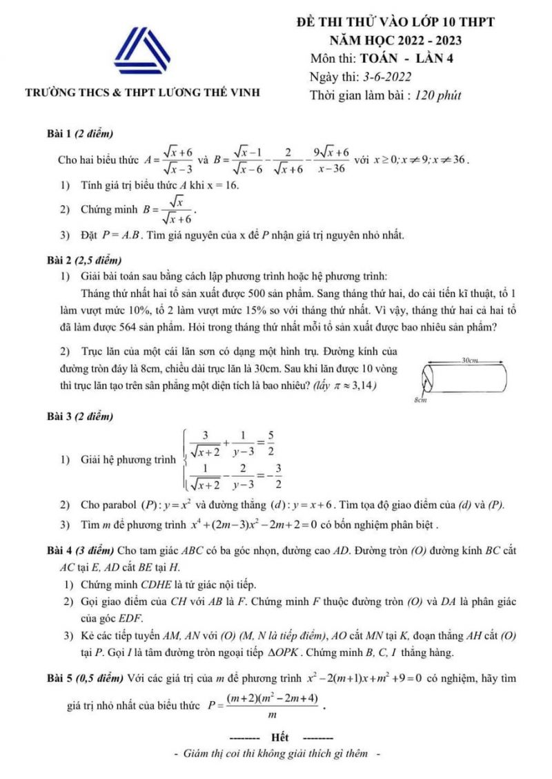 Đề thi thử vào lớp 10 môn Toán lần thứ 4 Trường THCS &amp; THPT Lương Thế Vinh năm 2022