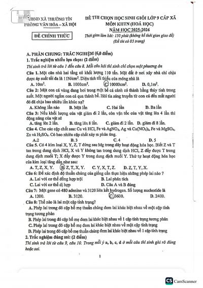 Đề thi chọn HSG lớp 9 xã Thường Tín năm 2025-2026 môn Hóa