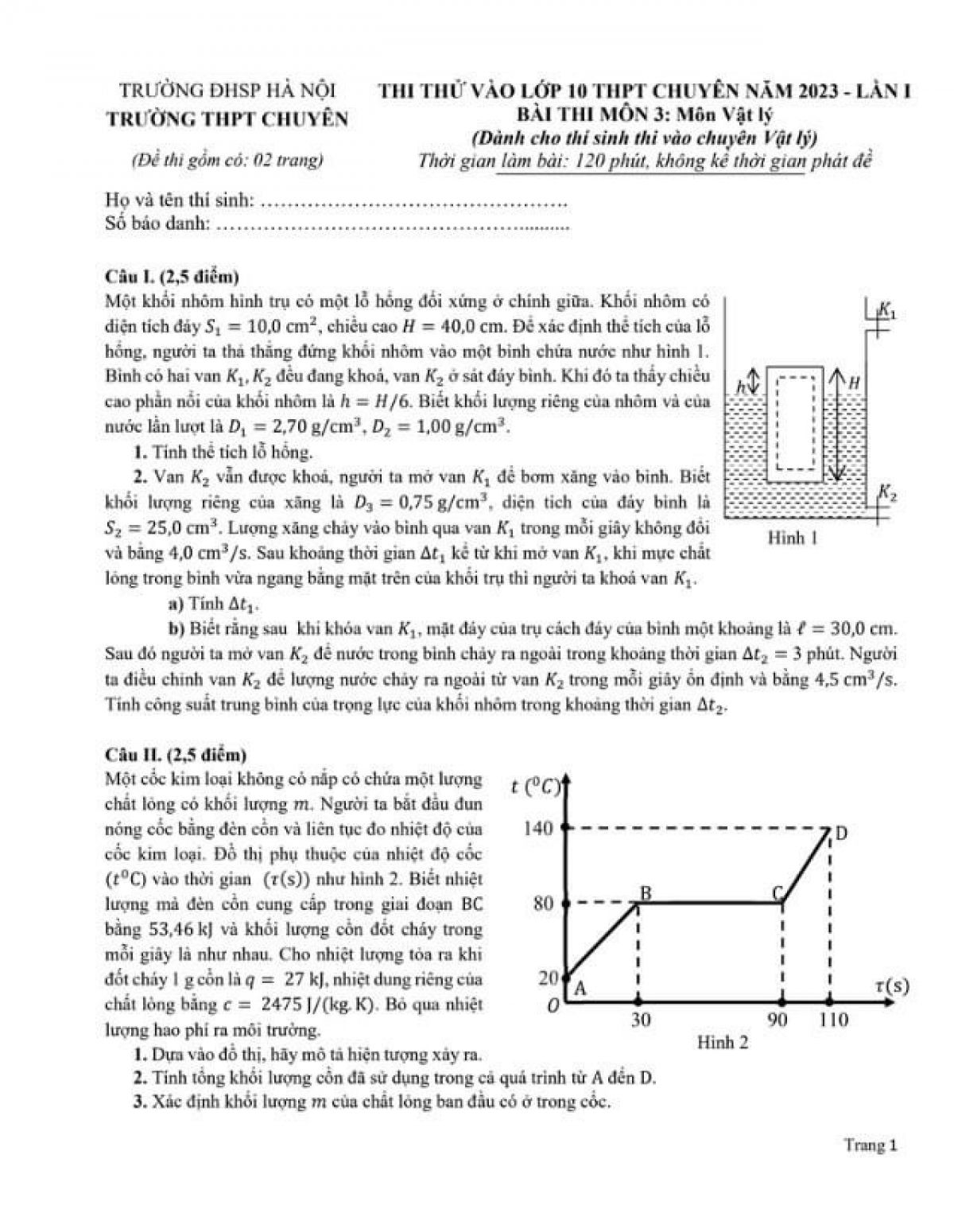 Đề thi thử vào lớp 10 môn Vật Lí THPT CHUYÊN ĐHSP Hà Nội lần 1 năm 2023