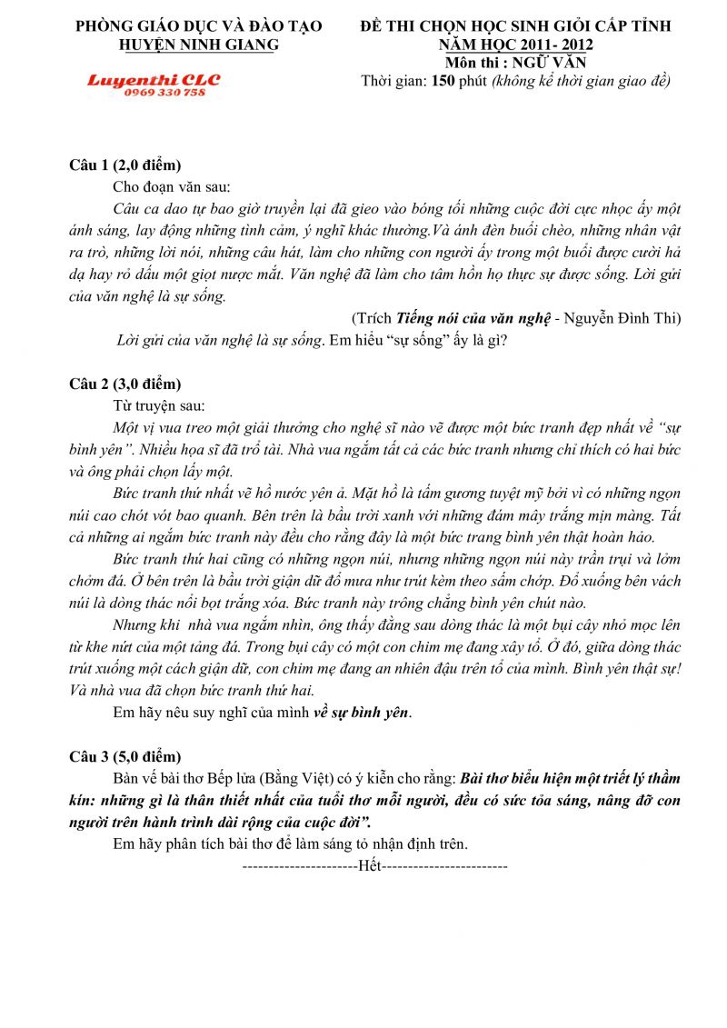Đề thi chọn HSG cấp tỉnh v&agrave; đ&aacute;p &aacute;n m&ocirc;n Ngữ Văn huyện Ninh Giang, tỉnh Hải Dương năm 2011