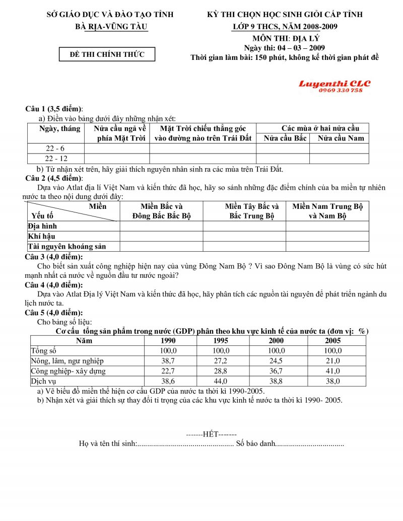 Đề thi chọn HSG cấp tỉnh m&ocirc;n Địa L&yacute; tỉnh B&agrave; Rịa - Vũng T&agrave;u năm 2009