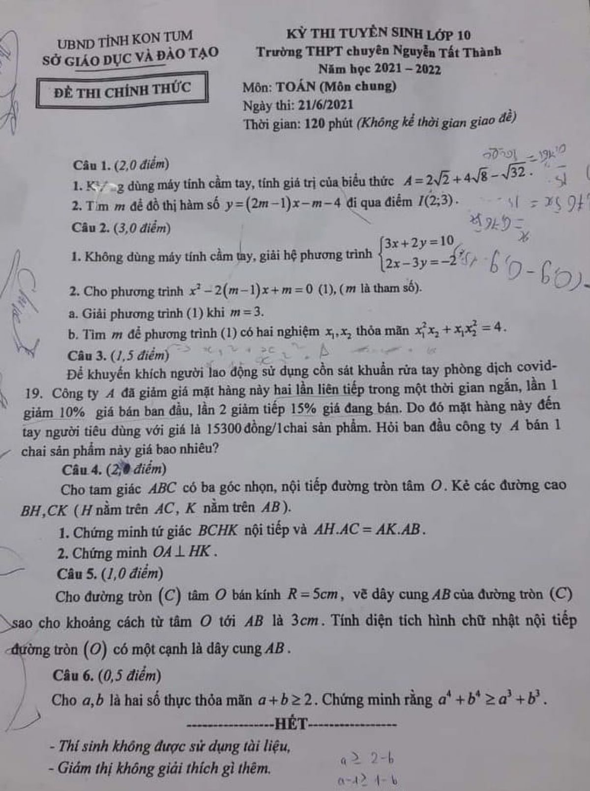 Đề thi tuyển sinh v&agrave;o lớp 10 THPT m&ocirc;n To&aacute;n Trường THPT CHUY&Ecirc;N Nguyễn Tất Th&agrave;nh tỉnh Kon Tum năm 2021