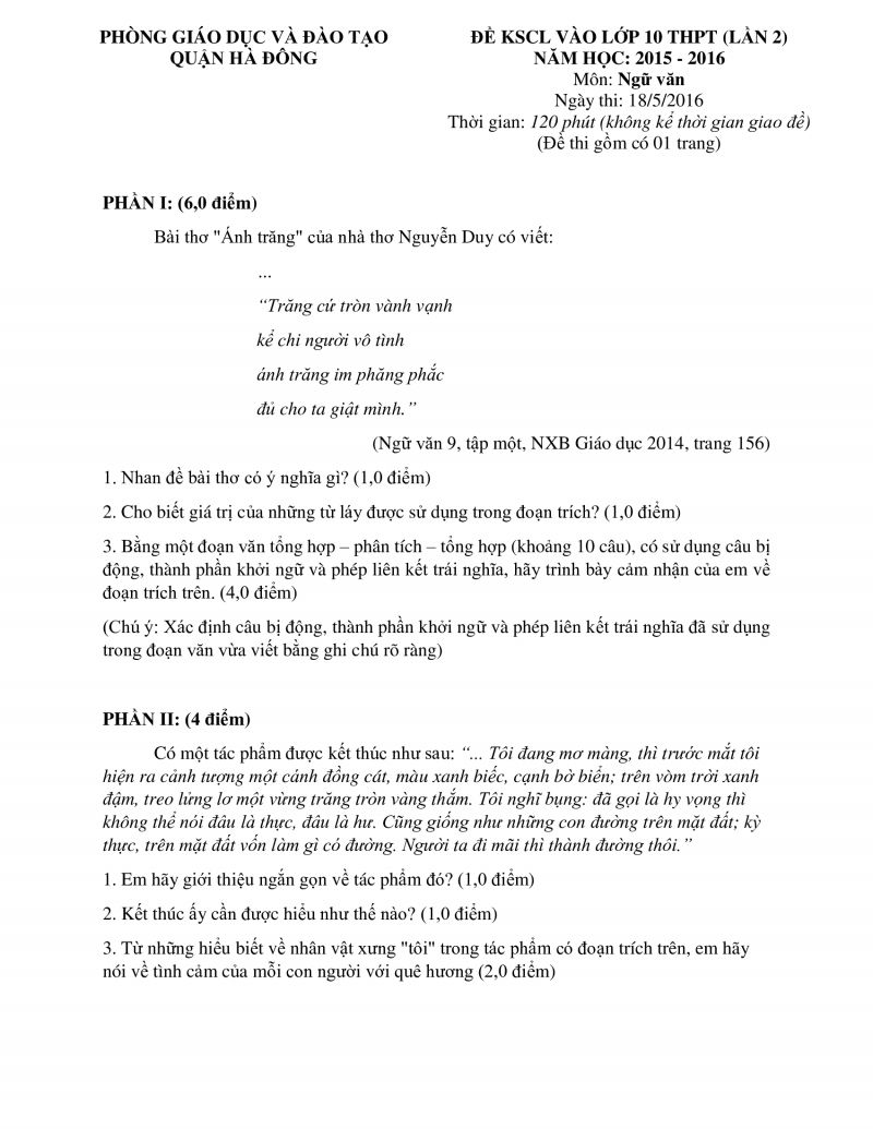 Đề khảo sát chất lượng vào lớp 10 THPT ( lần 2 ) môn Ngữ Văn quận Hà Đông năm 2016
