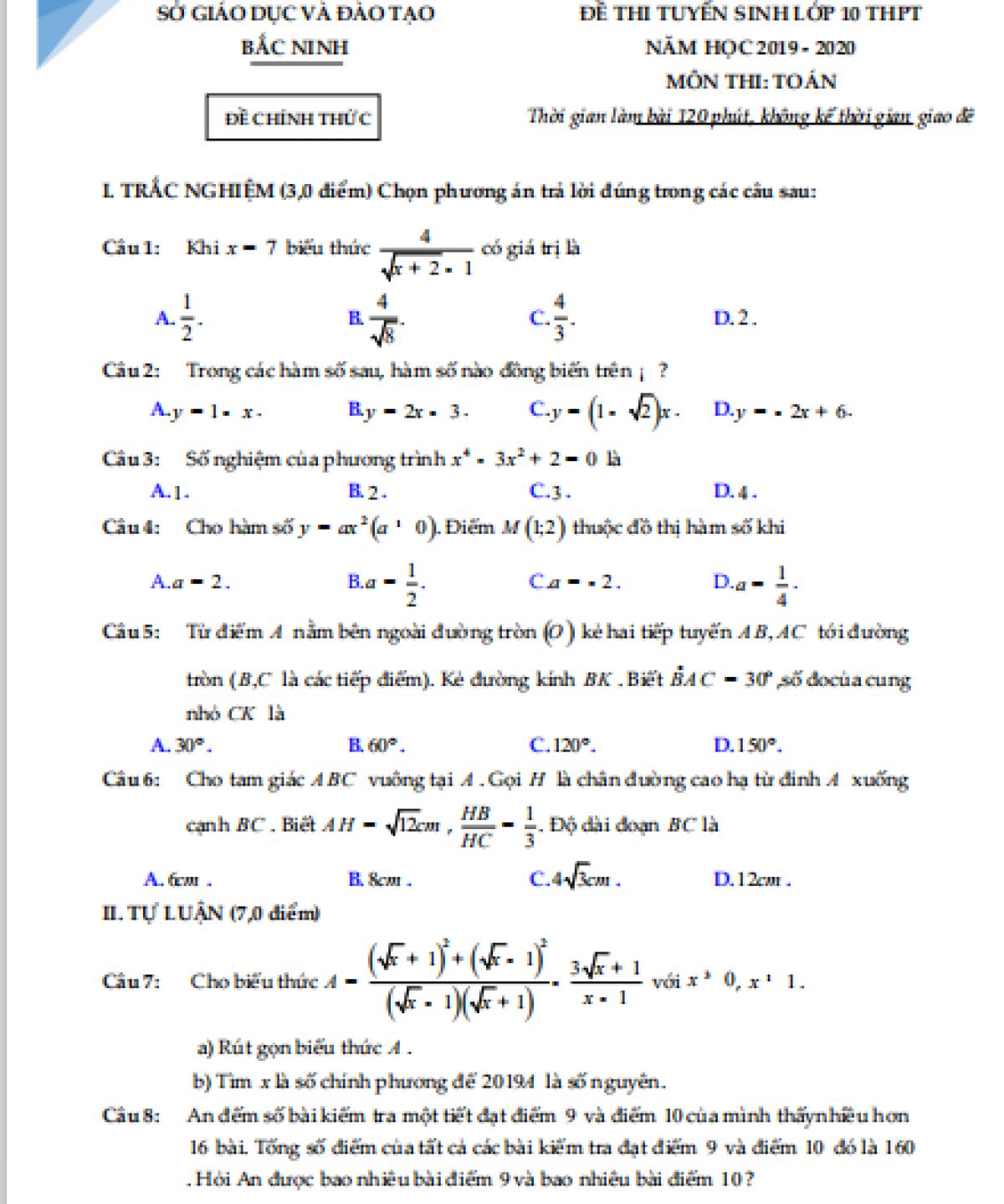 Đề thi tuyển sinh vào lớp 10 THPT môn Toán tại Bắc Ninh năm 2019