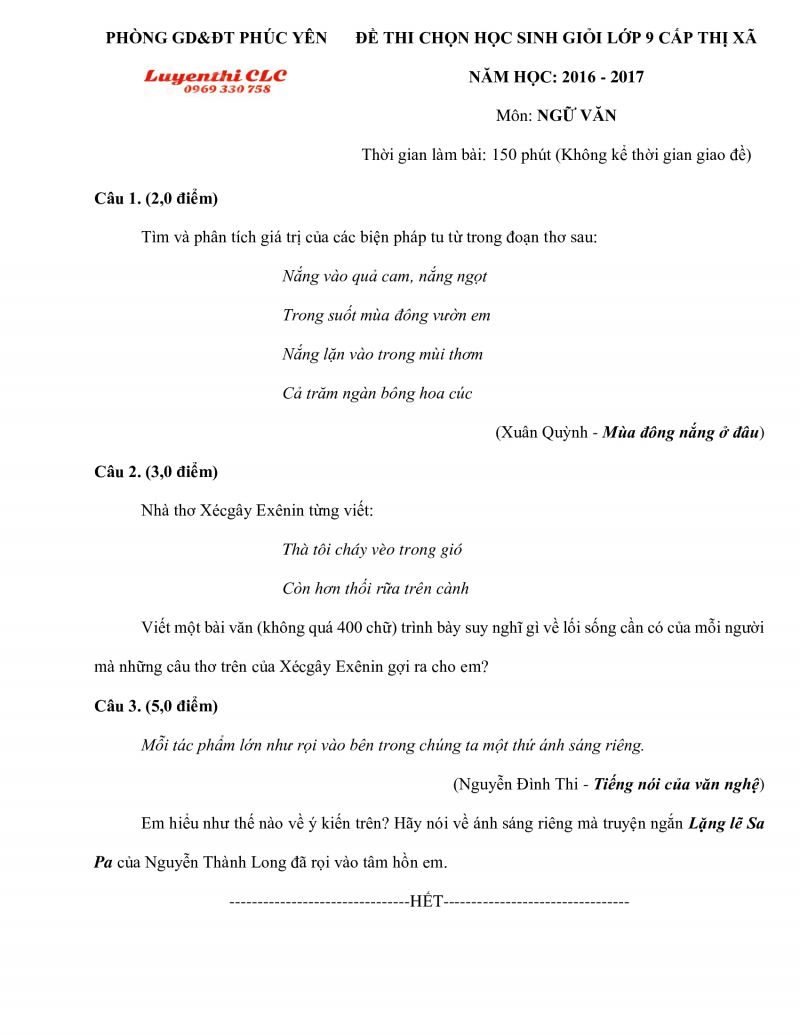Đề thi chọn HSG m&ocirc;n Ngữ Văn lớp 9 thị x&atilde; Ph&uacute;c Y&ecirc;n,tỉnh Vĩnh Ph&uacute;c năm 2016
