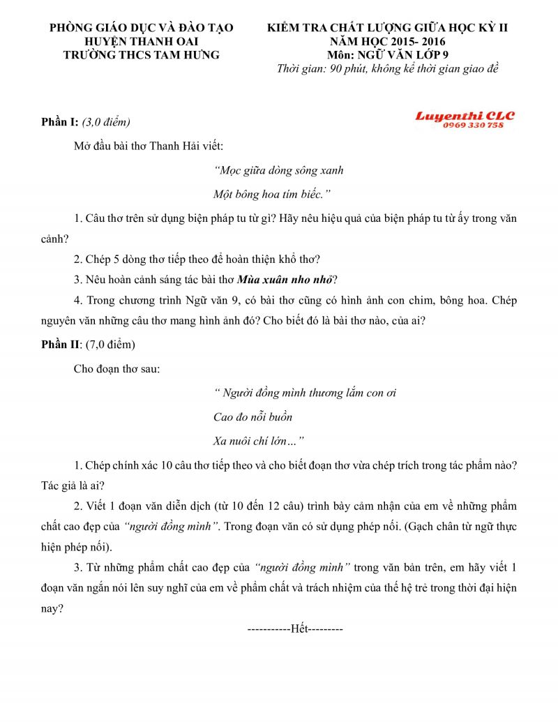 Đề kiểm tra chất lượng giữa học k&igrave; II m&ocirc;n Ngữ Văn lớp 9 Trường THCS Tam Hưng, Thanh Oai, H&agrave; Nội năm 2015
