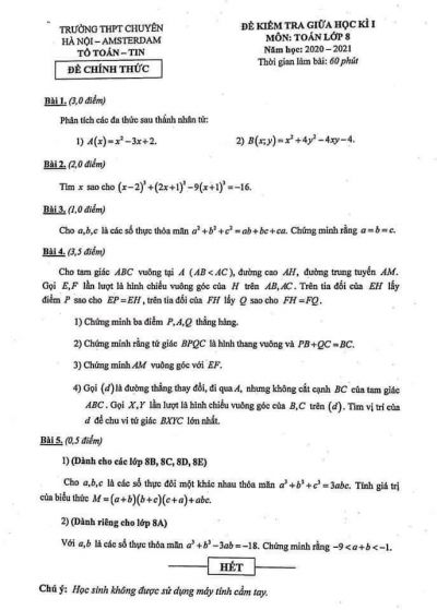 Đề kiểm tra giữa học kì I môn Toán lớp 8 Trường THPT CHUYÊN Hà Nội - Amsterdam năm 2020