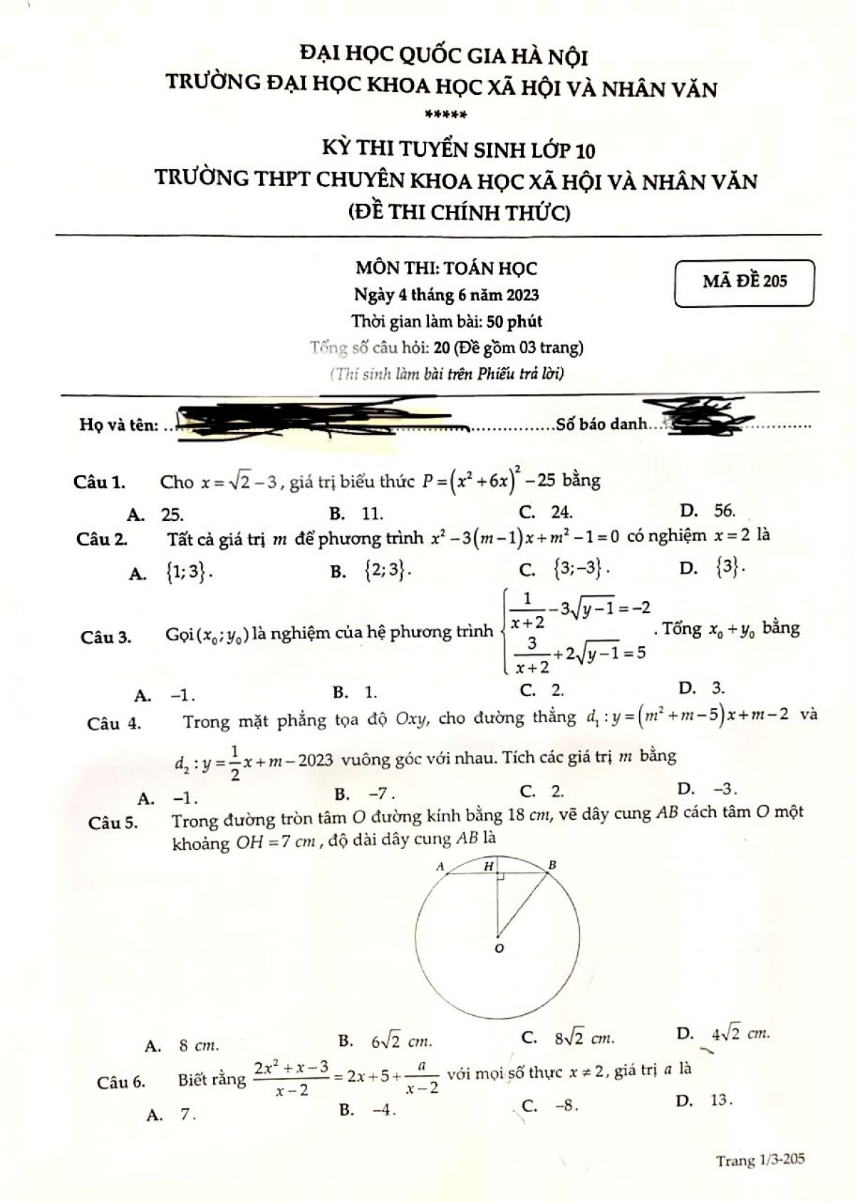 Đề thi tuyển sinh v&agrave;o lớp 10 m&ocirc;n To&aacute;n Trường THPT CHUY&Ecirc;N Khoa học X&atilde; hội v&agrave; Nh&acirc;n văn H&agrave; Nội năm 2023