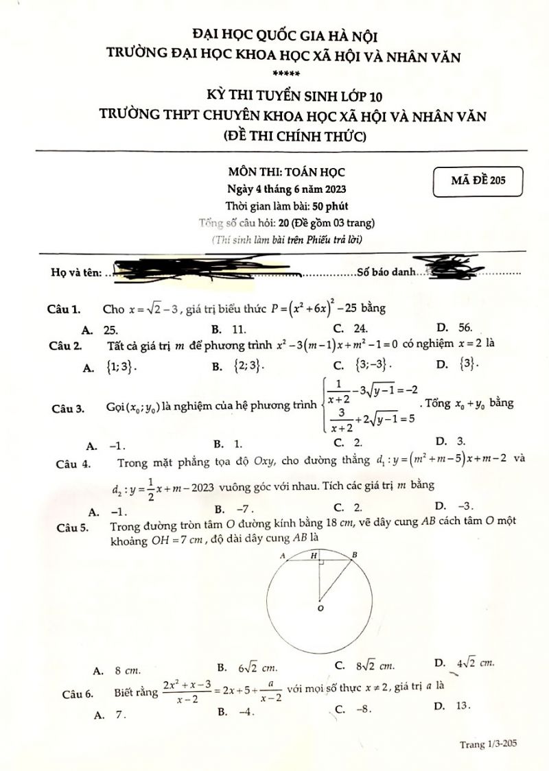 Đề thi tuyển sinh vào lớp 10 môn Toán Trường THPT CHUYÊN Khoa học Xã hội và Nhân văn Hà Nội năm 2023