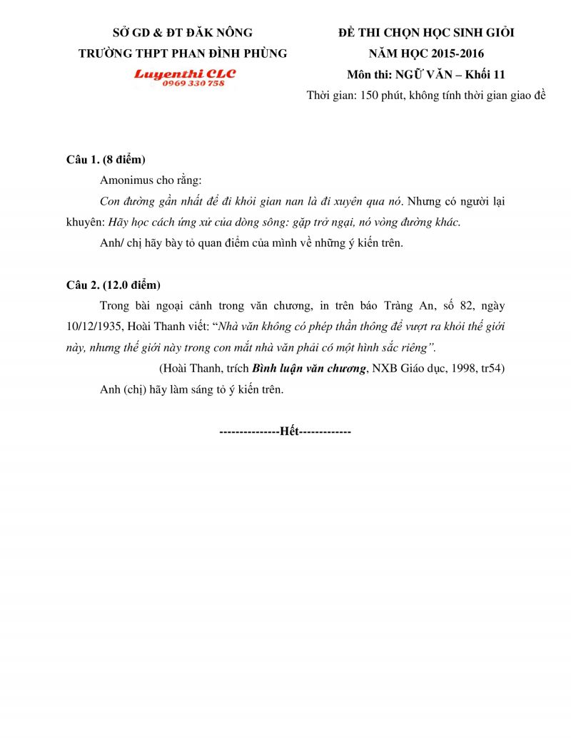 Đề thi chọn HSG khối 11 v&agrave; đ&aacute;p &aacute;n m&ocirc;n Ngữ Văn tỉnh tỉnh Đắk N&ocirc;ng năm 2015