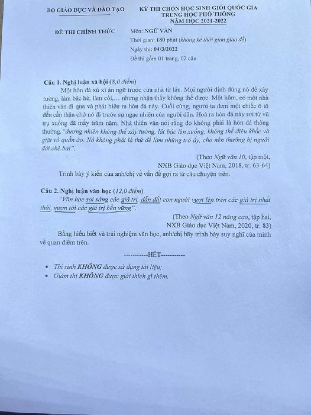 Đề thi chọn HSG Quốc Gia môn Ngữ Văn THPT năm 2022