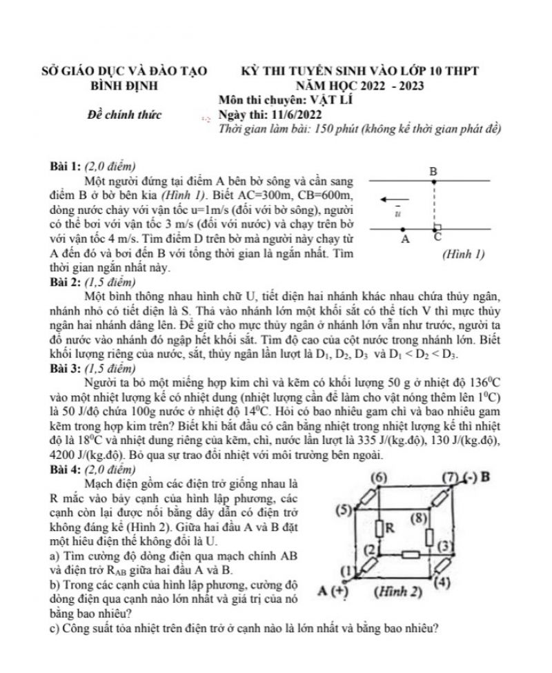 Đề thi tuyển sinh vào lớp 10 THPT môn Vật Lí tỉnh Bình Định năm 2022