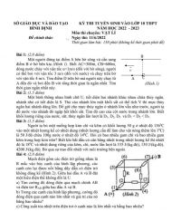 Đề thi tuyển sinh v&agrave;o lớp 10 THPT m&ocirc;n Vật L&iacute; tỉnh B&igrave;nh Định năm 2022