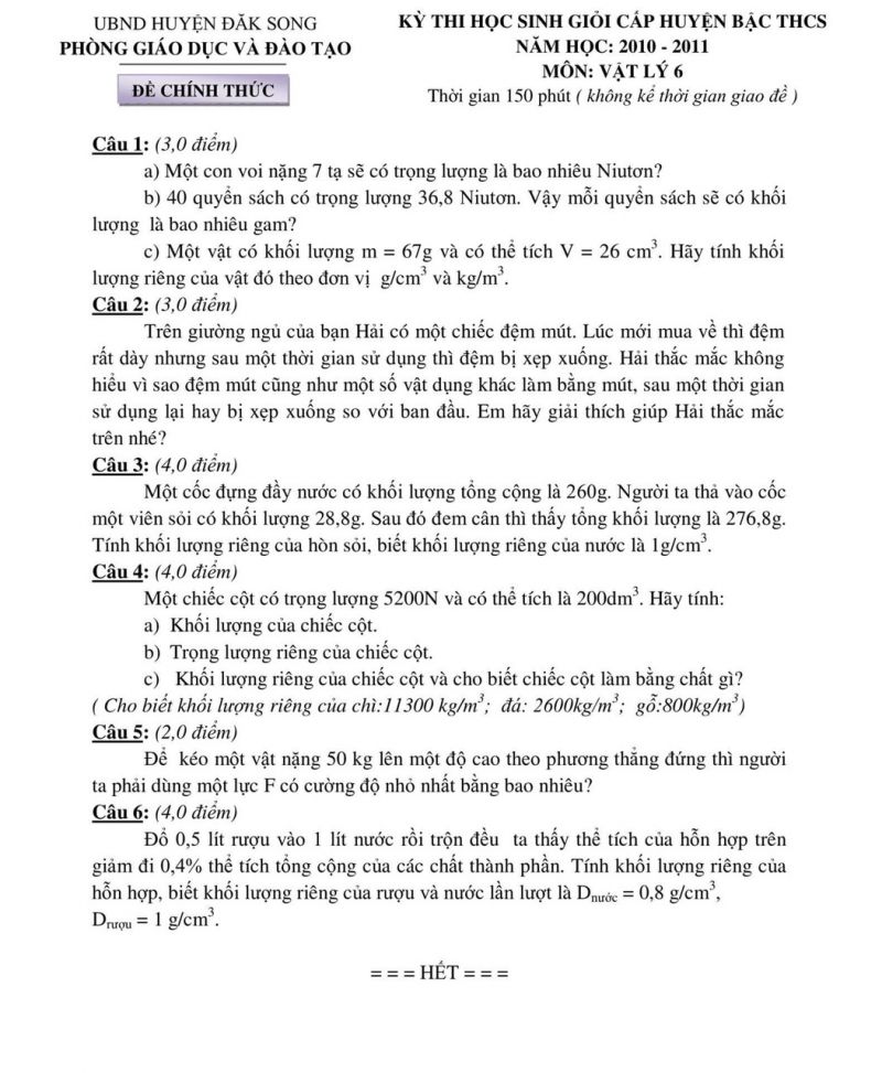Đề thi HSG cấp huyện bậc THCS m&ocirc;n Vật l&yacute; 6 huyện Đăk Song, tỉnh Đăk N&ocirc;ng năm 2010