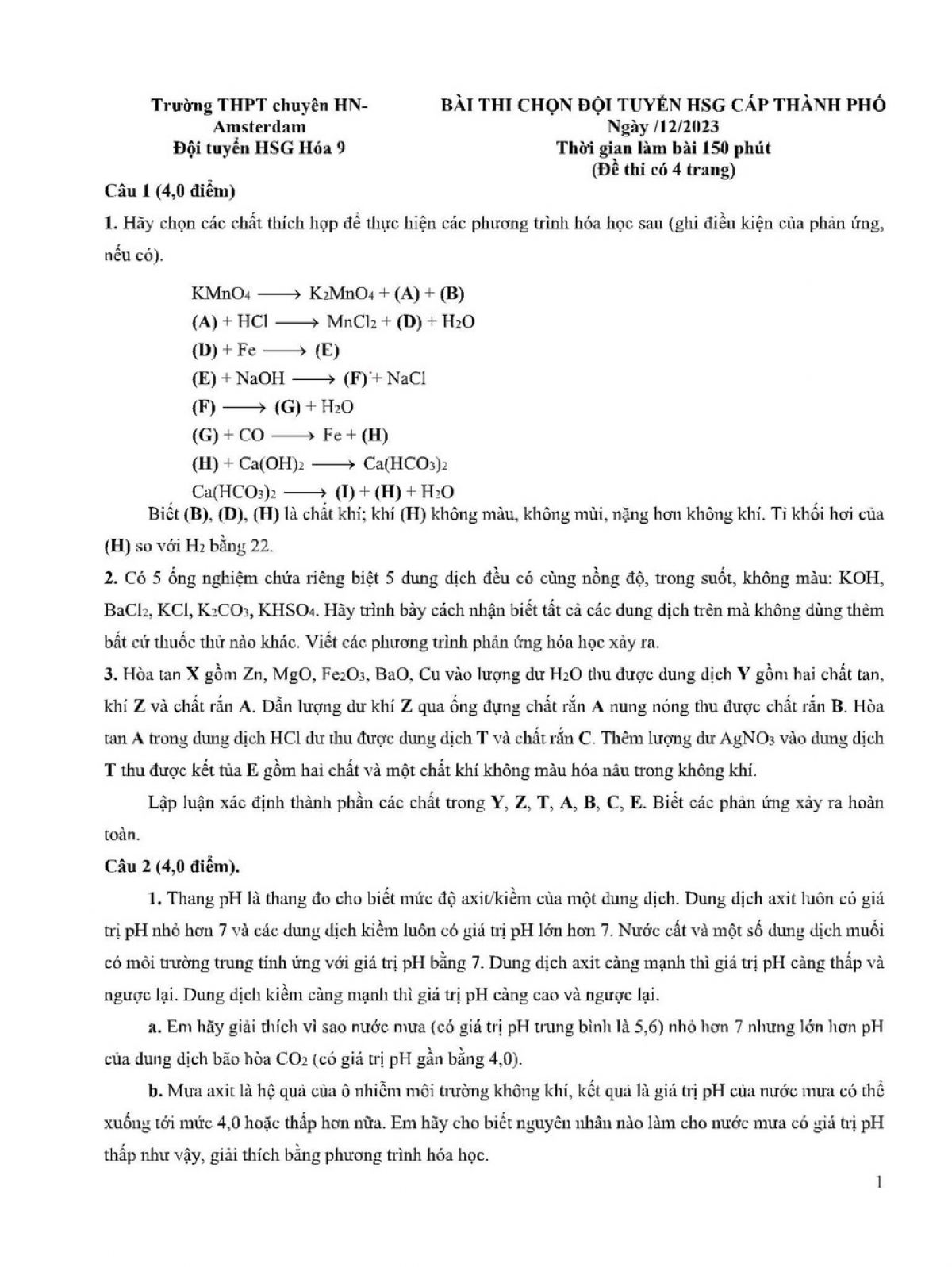 Đề thi chọn đội tuyển HSG m&ocirc;n H&oacute;a Học lớp 9 Trường THPT Chuy&ecirc;n H&agrave; Nội Amsterdam năm 2023