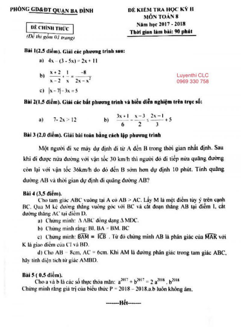 Đề kiểm tra học k&igrave; II m&ocirc;n To&aacute;n lớp 8 quận Ba Đ&igrave;nh, H&agrave; Nội năm 2017