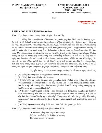Đề thi chọn HSG môn Ngữ Văn huyện Lí Nhân tỉnh Hà Nam năm 2020