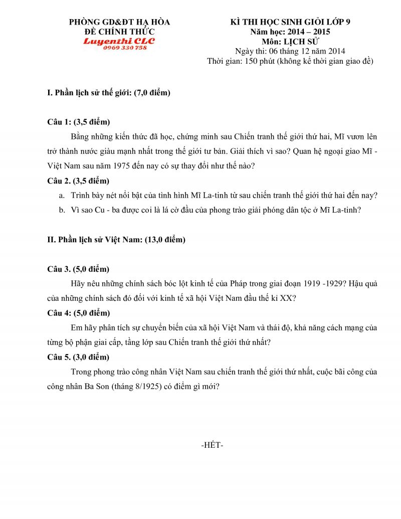 Đề thi chọn HSG m&ocirc;n Lịch Sử lớp 9 huyện Hạ H&ograve;a, tỉnh Ph&uacute; Thọ năm 2014