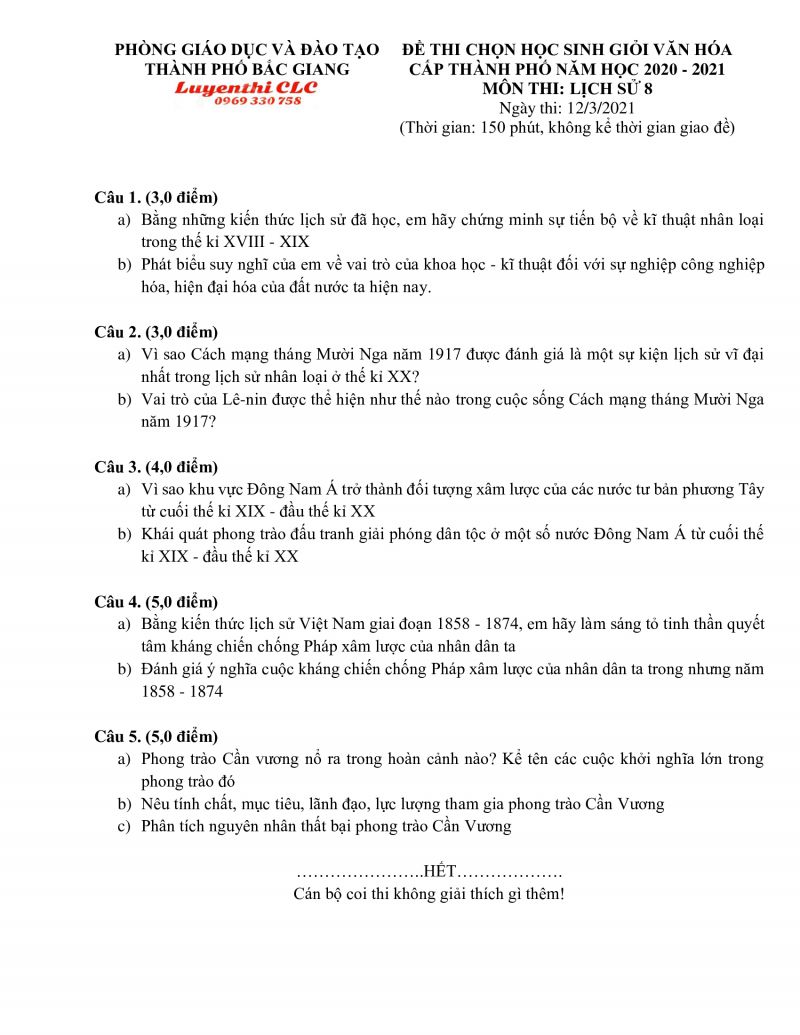 Đề thi HSG môn Lịch Sử lớp 8 tỉnh Bắc Giang năm 2021