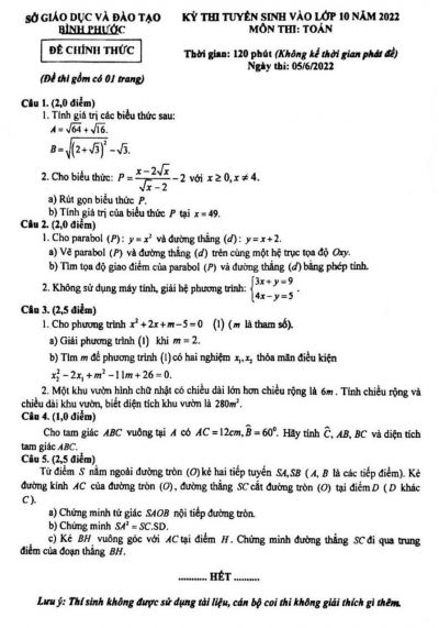 Đề thi tuyển sinh vào lớp 10 THPT môn Toán tỉnh Bình Phước năm 2022