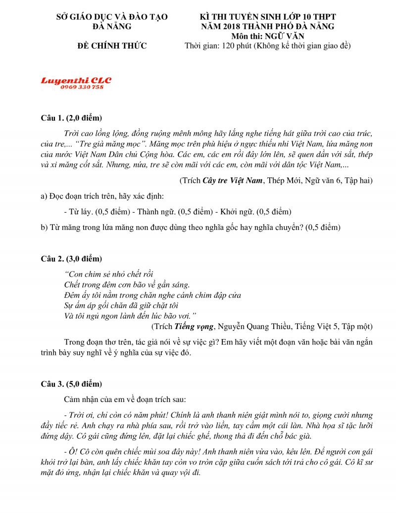 Đề thi tuyển sinh v&agrave;o lớp 10 THPT m&ocirc;n Ngữ Văn th&agrave;nh phố Đ&agrave; Nẵng năm 2018