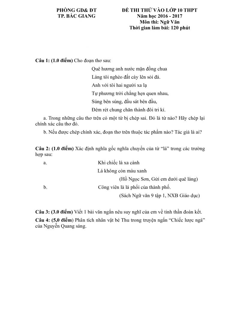 Đề thi thử v&agrave;o lớp 10 THPT m&ocirc;n Ngữ Văn tỉnh Bắc Giang năm 2016