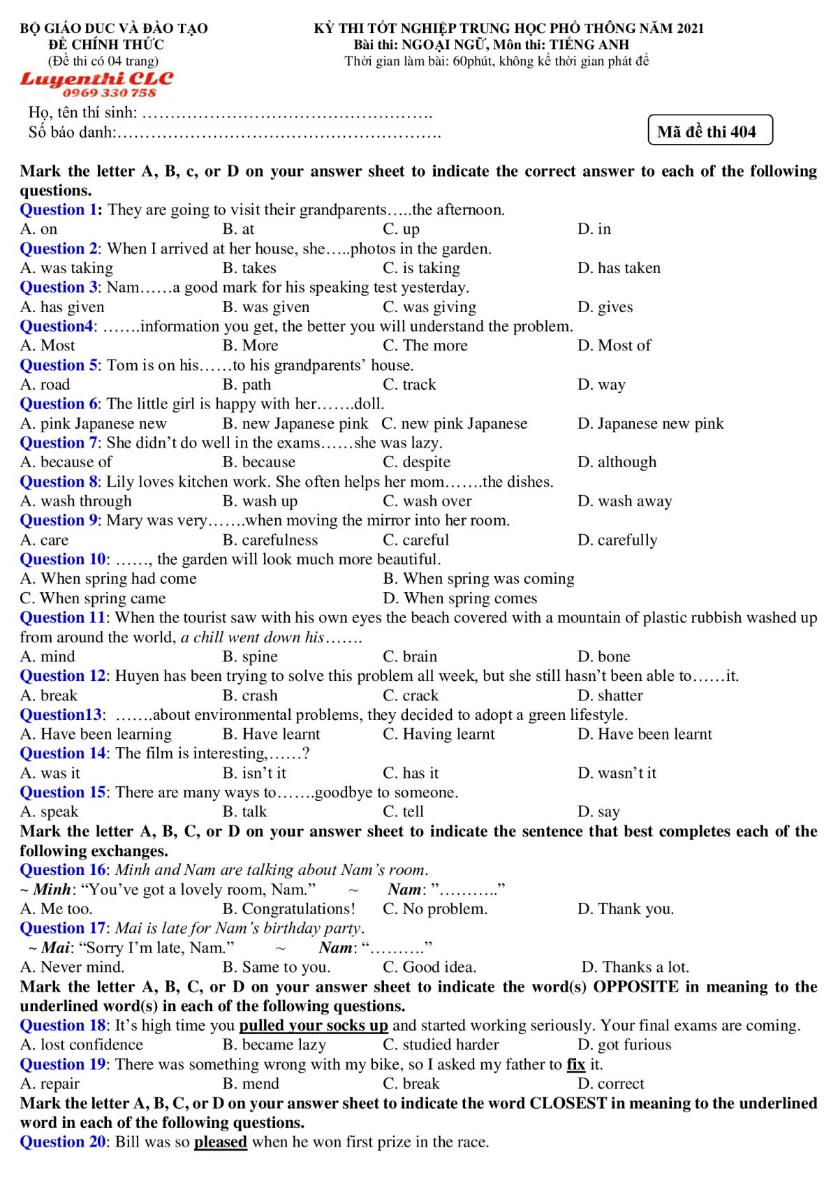 Đề thi tốt nghiệp THPT môn Tiếng Anh năm 2021 Mã đề 404