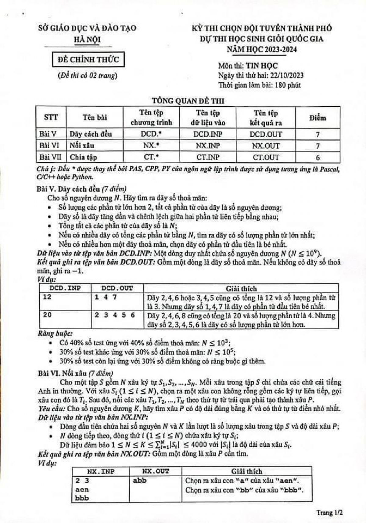 Đề thi chọn đội tuyển dự thi HSG Quốc Gia môn Tin học tại Hà Nội năm 2023