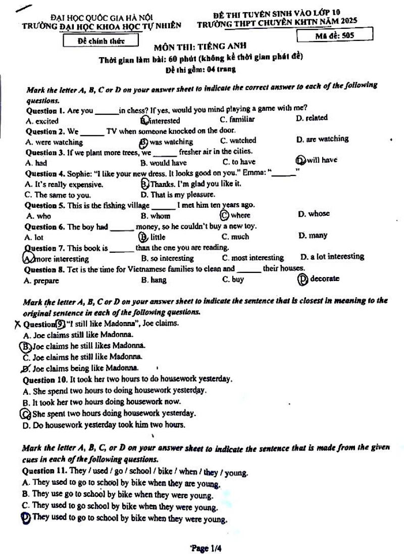 Đề thi vào 10 chuyên KHTN môn Tiếng Anh năm 2025