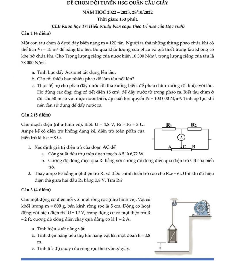 Đề thi chọn đội tuyển HSG môn Vật Lý quận Cầu Giấy, Hà Nội năm 2022