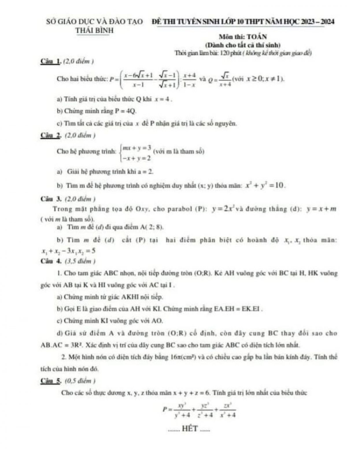 Đề thi tuyển sinh v&agrave;o lớp 10 THPT v&agrave; đ&aacute;p &aacute;n m&ocirc;n To&aacute;n tỉnh Th&aacute;i B&igrave;nh năm 2023