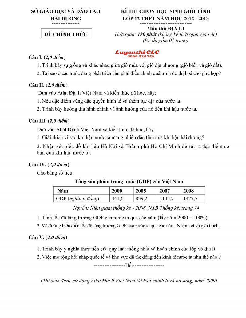 Đề thi chọn HSG tỉnh lớp 12 THPT v&agrave; đ&aacute;p &aacute;n m&ocirc;n Địa L&iacute; tỉnh Hải Dương năm 2012