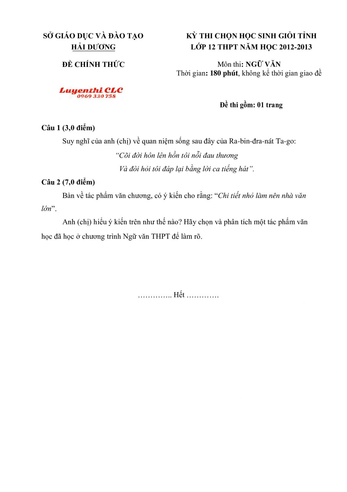 Đề thi chọn HSG tỉnh lớp 12 THPT m&ocirc;n Ngữ Văn tỉnh Hải Dương năm 2012
