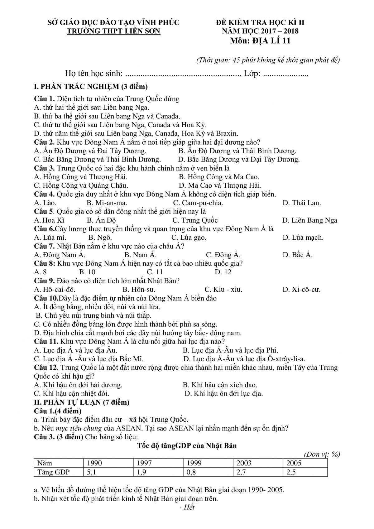 Đề kiểm tra học kì II và đáp án môn Địa Lý lớp 11 Trường THPT Liễn Sơn tỉnh Vĩnh Phúc năm 2017