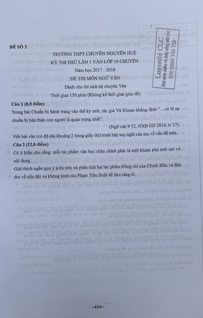 Đề thi thử vào lớp 10 THPT CHUYÊN Nguyễn Huệ và đáp án môn Ngữ Văn - đề số 2 năm 2017