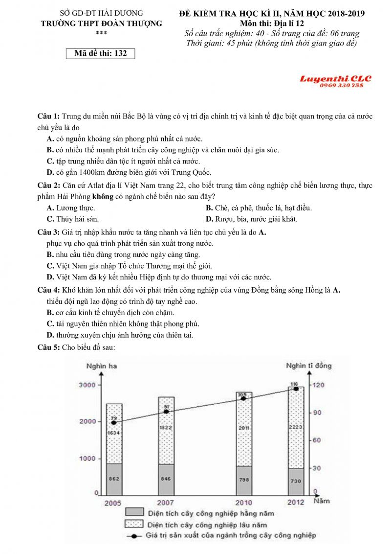 Đề kiểm tra học kì II môn Địa Lý lớp 12 Trường THPT Đoàn Thượng tỉnh Hải Dương năm 2018