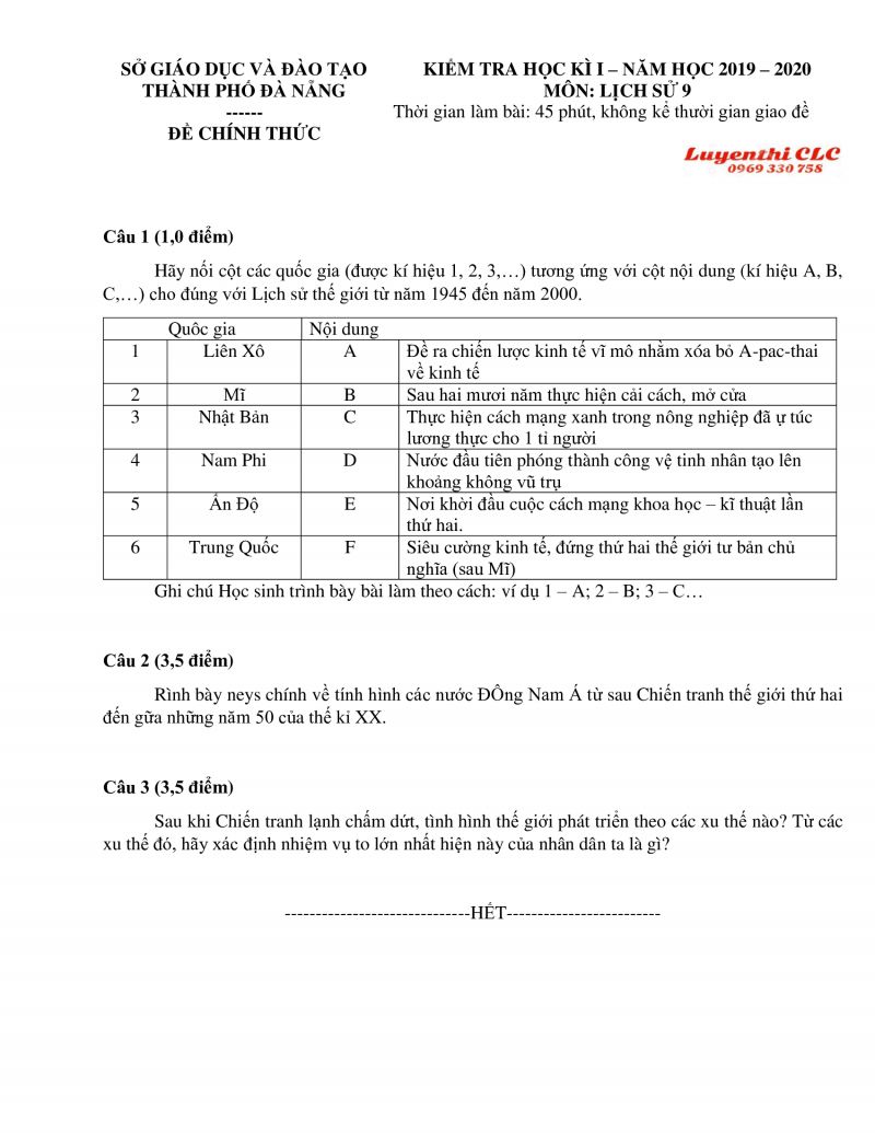Đề kiểm tra học kì I môn Lịch Sử lớp 9 tỉnh Đà Nẵng năm 2019