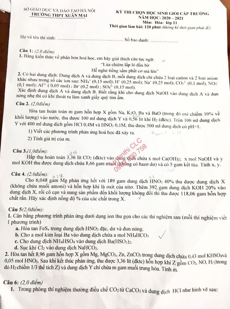 Đề thi chọn HSG môn Hóa Học lớp 11 Trường THPT Xuân Mai, Hà Nội năm 2021