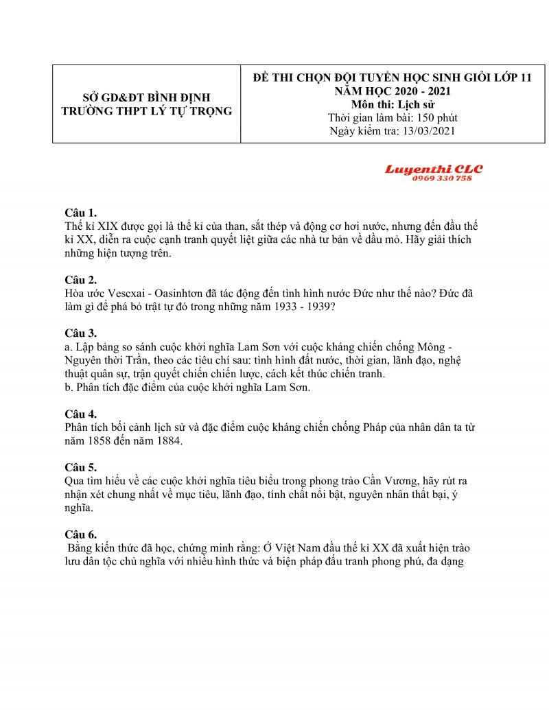 Đề thi chọn đội tuyển HSG môn Lịch Sử lớp 11 Trường THPT Lý Tự Trọng tỉnh Bình Định năm 2020