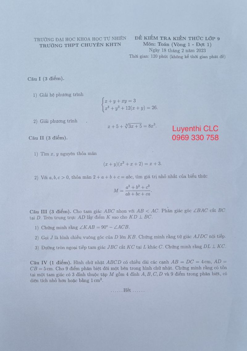 Đề thi kiểm tra kiến thức môn Toán lớp 9 Trường THPT CHUYÊN KHTN - Vòng 1 năm 2023