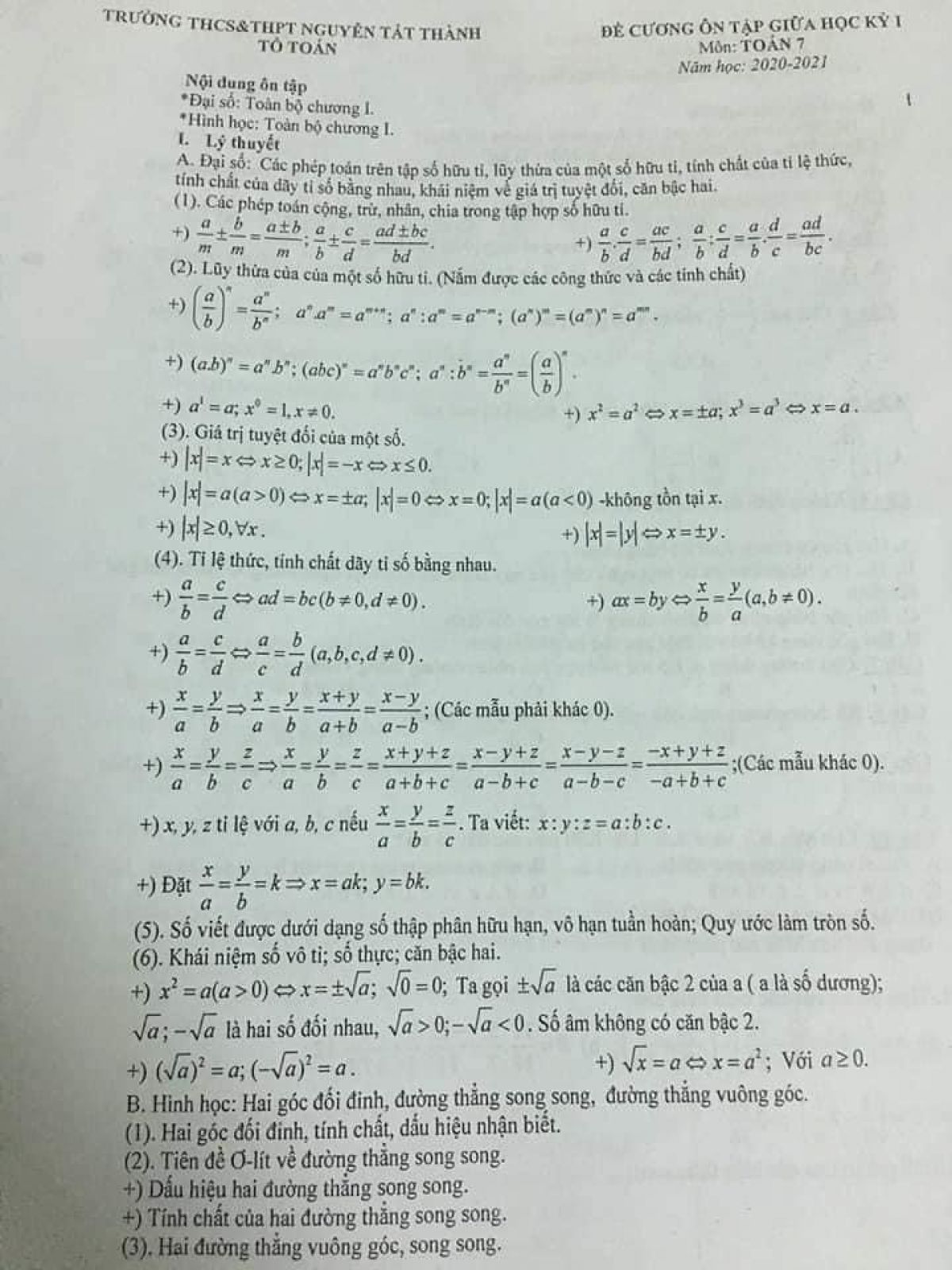 Đề cương ôn tập giữa học kì I môn Toán 7 Trường THCS &amp; THPT Nguyễn Tất Thành