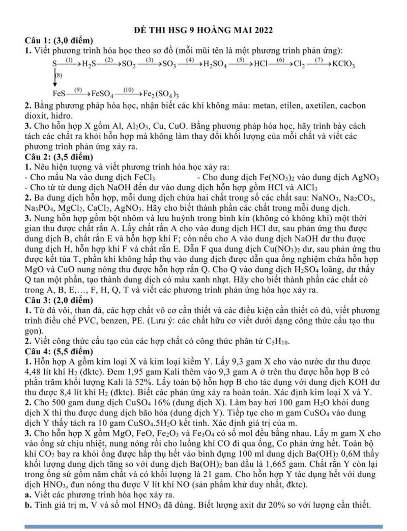 Đề thi chọn HSG môn Hóa Học lớp 9 quận Hoàng Mai, Hà Nội năm 2022
