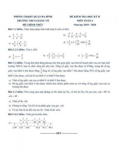 Đề kiểm tra học kì II môn Toán lớp 6 Trường THCS Giảng Võ, quận Ba Đình, Hà Nội năm 2019