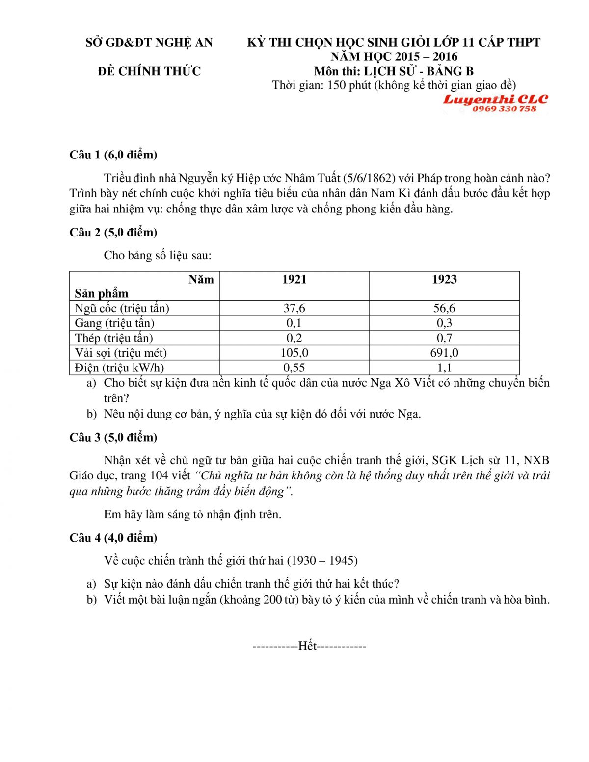 Đề thi chọn HSG lớp 11 THPT m&ocirc;n Lịch Sử - Bảng B tỉnh Nghệ An năm 2016