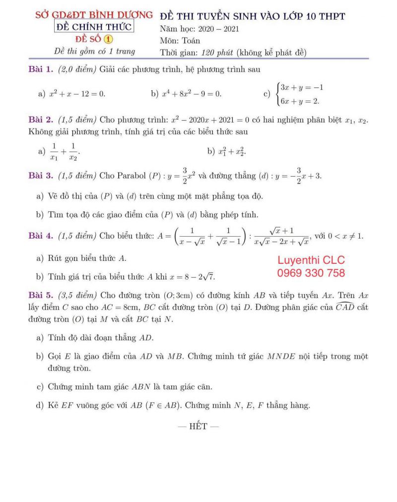 Đề thi tuyển sinh vào lớp 10 THPT và đáp án môn TOÁN tỉnh Bình Dương  năm 2020