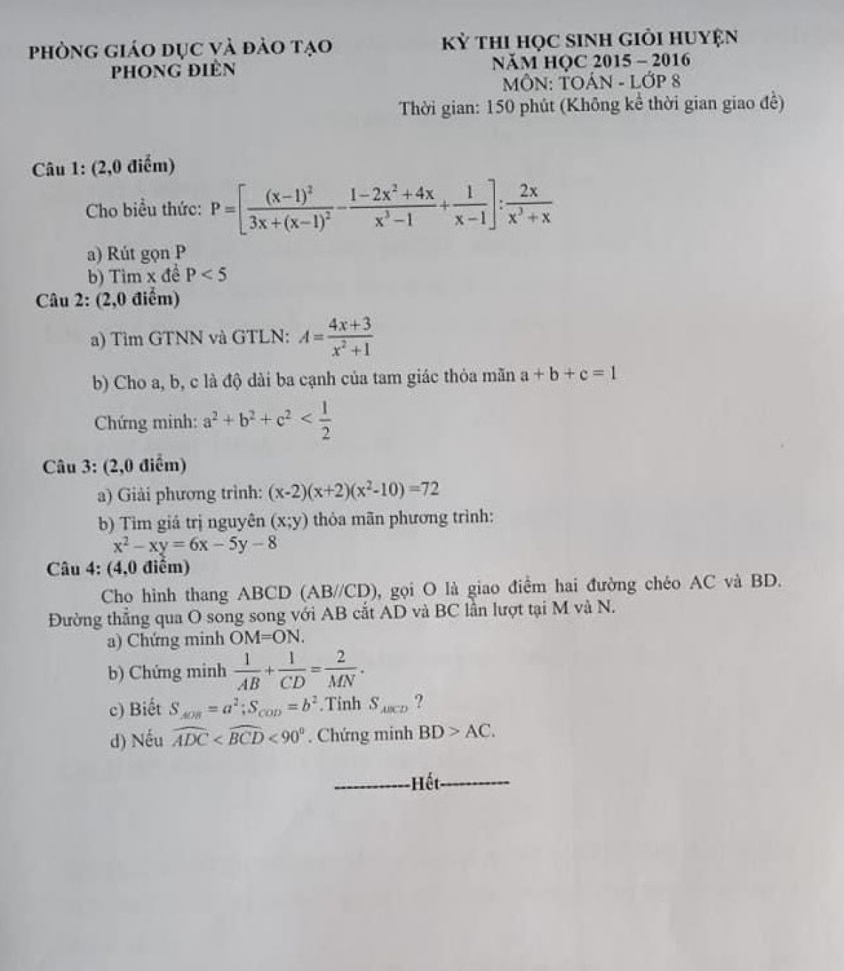 Đề thi chọn HSG huyện m&ocirc;n To&aacute;n lớp 8 huyện Phong Điền tỉnh Thừa Thi&ecirc;n - Huế năm 2015