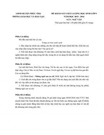 Đề khảo sát chất lượng học sinh lớp 9 môn Ngữ Văn huyện Phúc Thọ, Hà Nội năm 2015